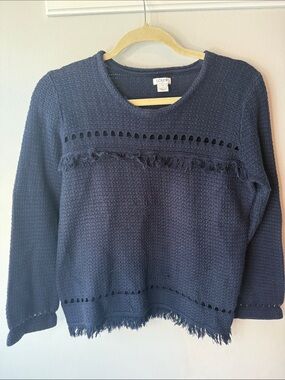 J. Crew Navy Blue Crochet Fringe Crewneck Sweater
